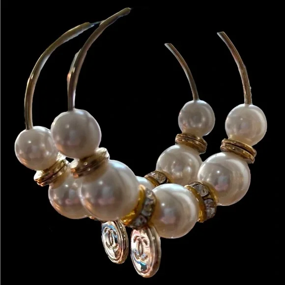 CC Logo Luxe-Inspired Gold, Pearl & CZ Upcycled Hoop Earrings - Picture 5 of 9